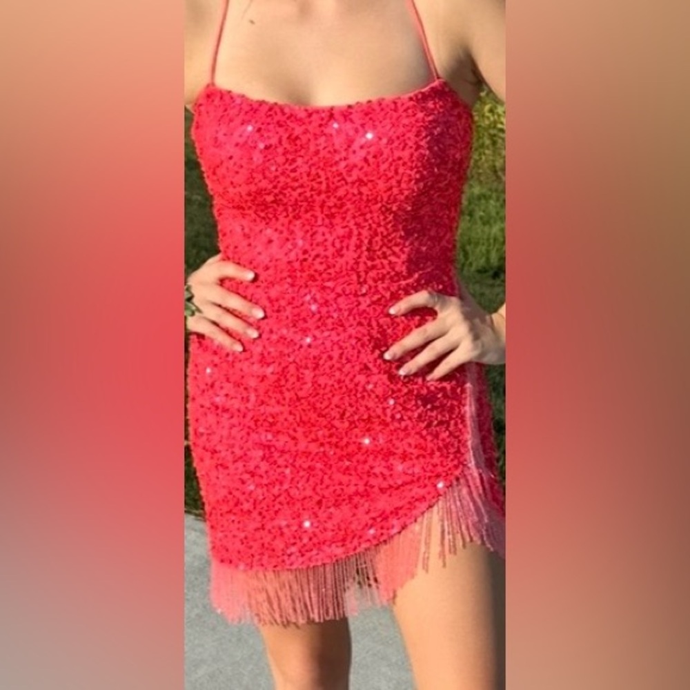 Alyce Paris Hot Pink Sequin Fringe Mini Dress